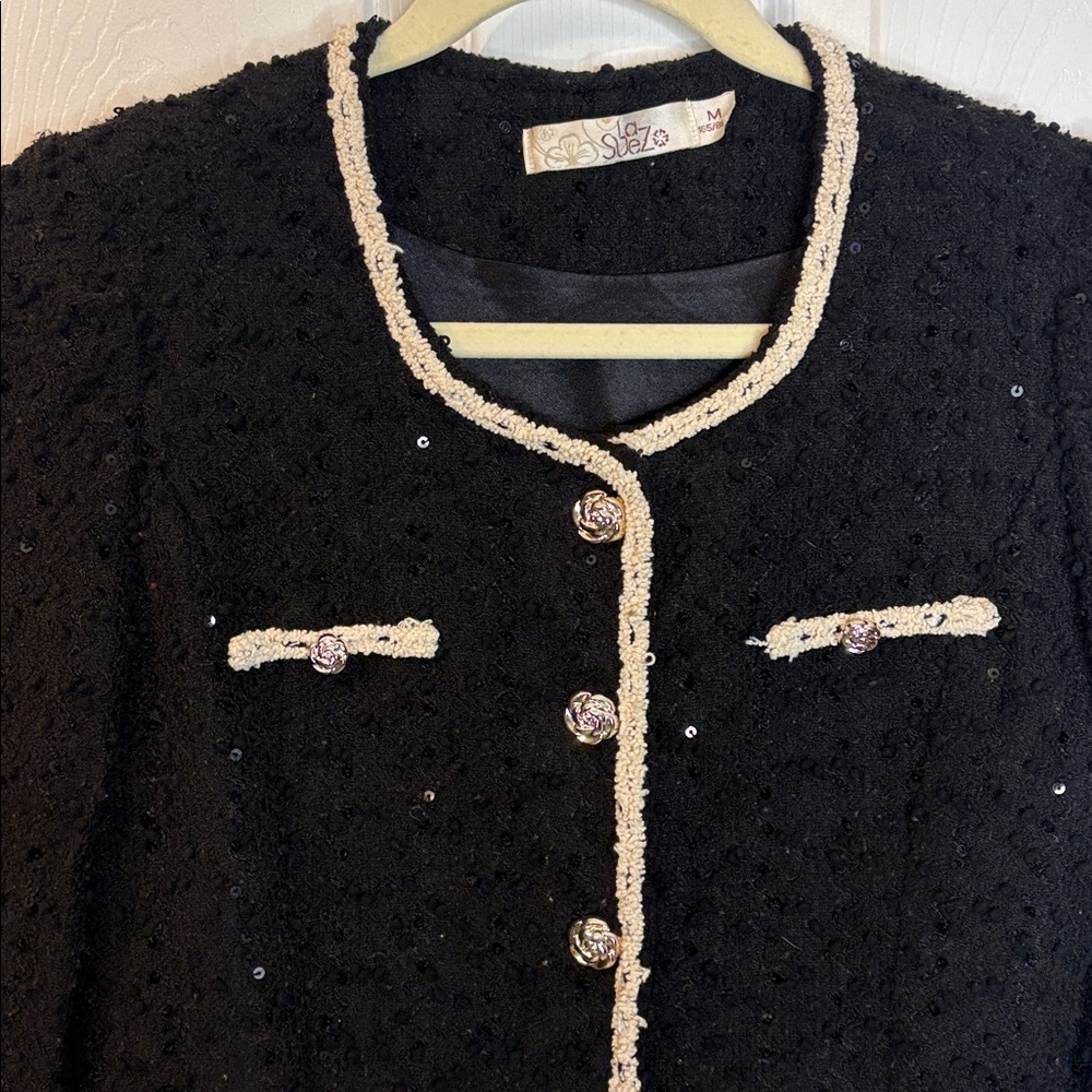 ⭐️ La Suez- Elegant Black Lace Trim Women's blazer- medium - Picture 4 of 11